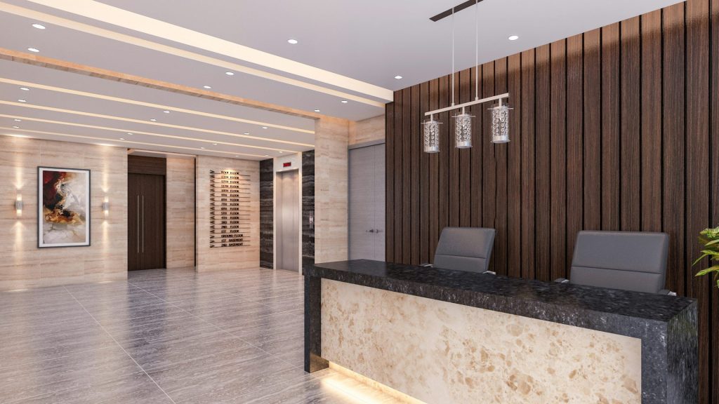 Modern reception desk with marble and wood accents.